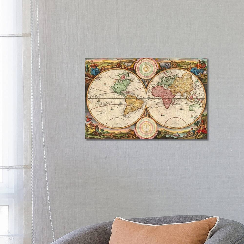 iCanvas "Antique Map of the World in two Hemispheres (1730)" by Stoopendaal Canvas Print