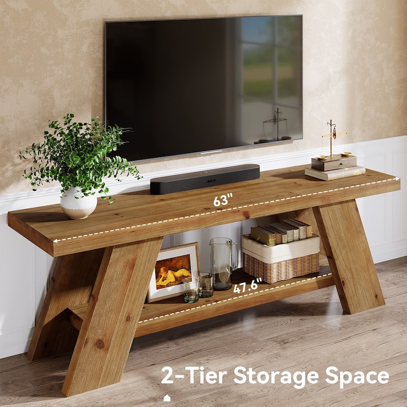 Solid Wood TV Stand for 55/60/65-inch TVs, Entertainment Center with 2 Tier Shelf