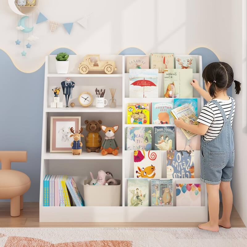 Anmytek Kids Bookcase Large Capacity Trapezoid Bookshelf Eco Friendly Wood Toy Storage Organizer Cabinet