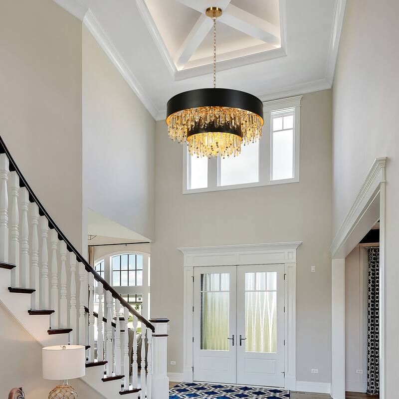 Modern Black Gold 18-Light 2-Tier Drum Crystal Chandelier for Dining Living Room Hallway - 31.5" Dia. x 18.3" H