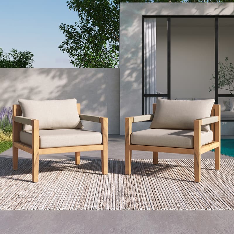 Christopher Knight Home - Aeowyn Patio Acacia Wood and Rope Club Chair - 2 Piece - Teak Finish+ Beige Cushion