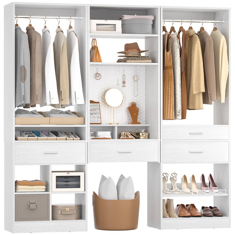 Set of 3 75'' Closet System with Metal Pegboard ＆ Shoe Rack ＆ Hanging Rods ＆ 4 Drawers, Space-saving Walk-in Closet Organizer