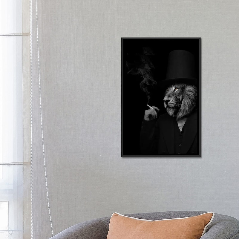 iCanvas "Man In The Form Of A Lion Person Black And White Smoking" by Adrian Vieriu Framed