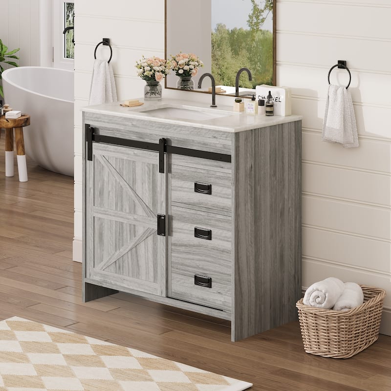 EROMMY Farmhouse Bathroom Vanity with Ceramic Top and Sliding Barn Door Sink Cabinet, Rustic Single Sink Vanity