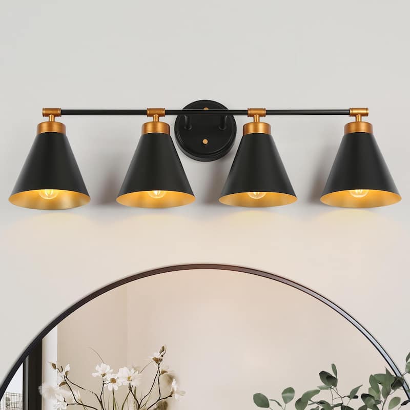 Farmhouse Industrial 4-light Bathroom Vanity Lights Black Gold Dimmable Wall Sconces with Metal Cone Shade