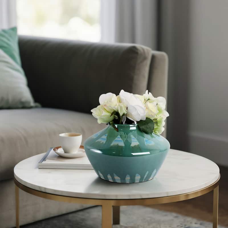 Stoneware Ceramic Decorative Vase with Glossy Drip Glaze Finish - 11" x 11" x 7"