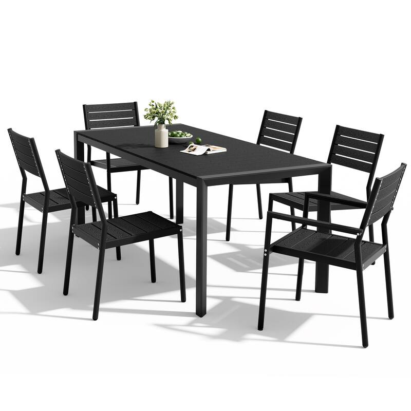 Set of 7 Outdoor Patio Dining Set WoodLike Table Top Aluminum Rectangular Umbrella Hole Table with Stackable Chairs Set