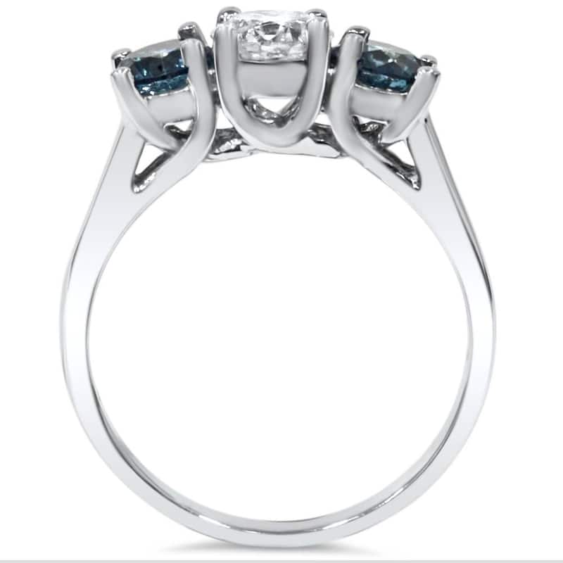 1 3/4ct Blue & White Diamond Three Stone Engagement White Gold Ring