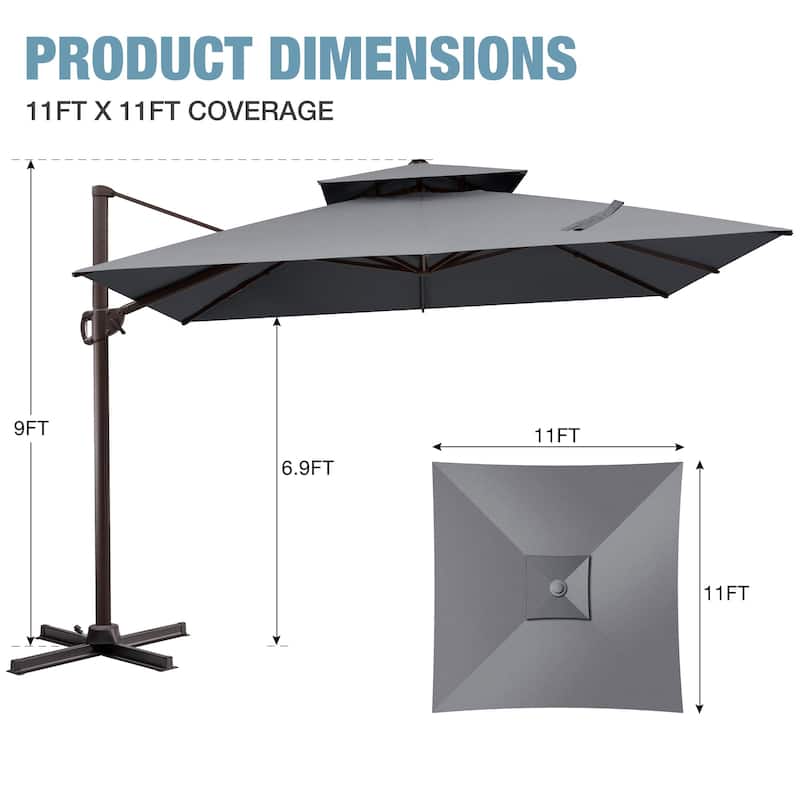 VredHom Dual Top Wind Vent 11x11Ft Offset Cantilever Patio Umbrella