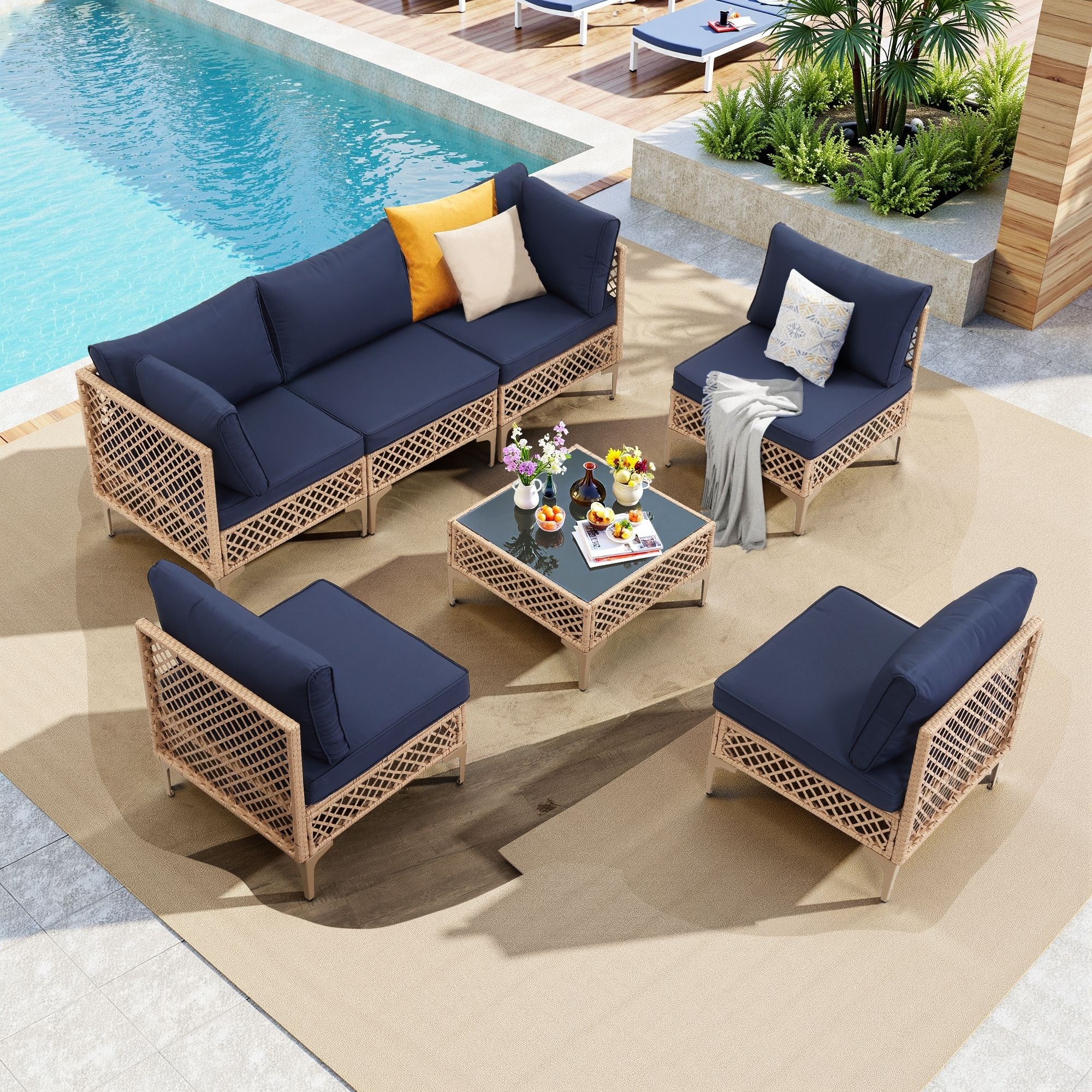 Grand Patio 7-Piece Wicker Patio Furniture Set, Boho Outdoor Conversation Set Sectional Sofa With Water Resistant Thick Cushions And Coffee Table Cream