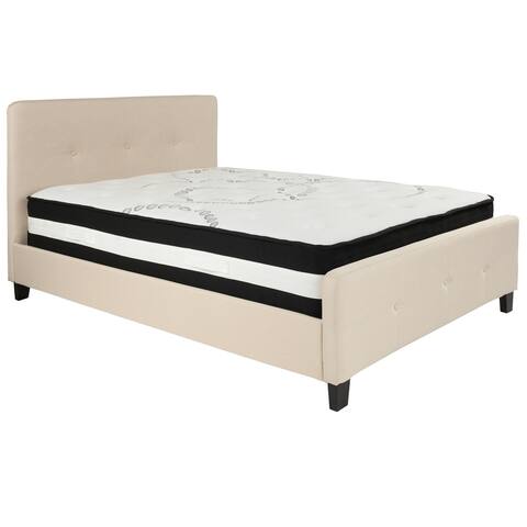 Set of 2 Beige and Black Full Tufted Upholstered Platform Bed Size with Pocket Spring Mattress 81"