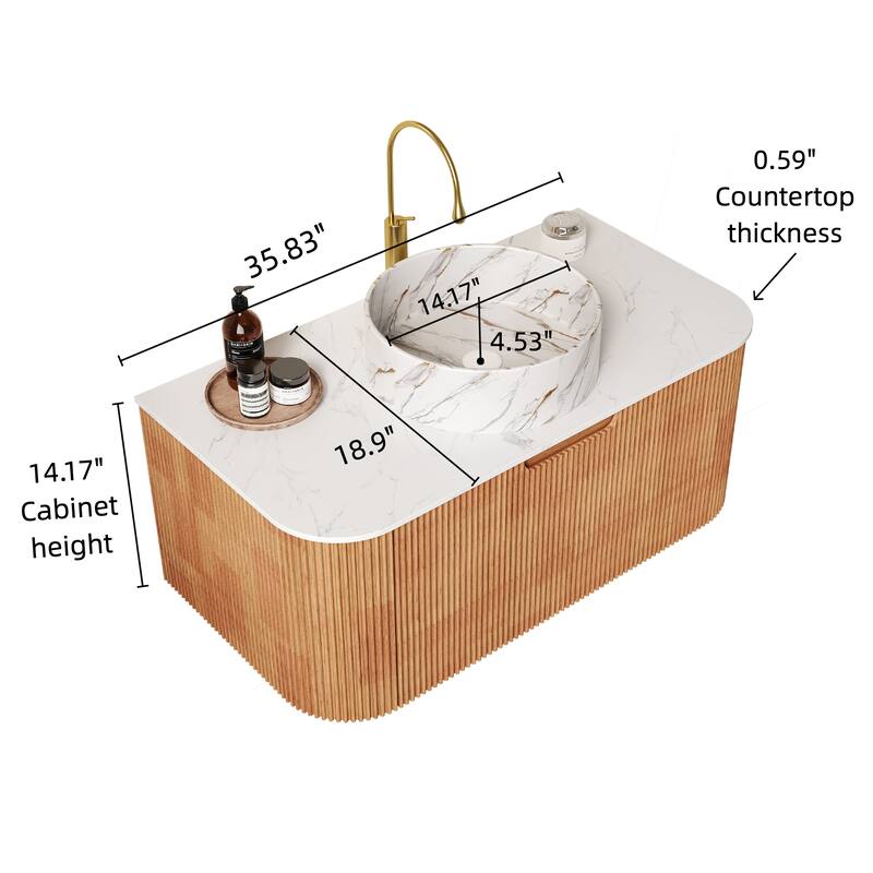 24 Inch/30 Inch/36 Inch Wall-Mounted Bathroom Vanity Cabinet with Counter Top Sink, Round Ceramic Basin with Stone Pattern