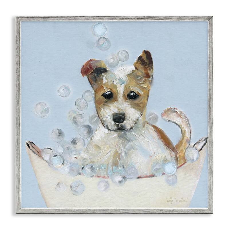 Stupell Fun Bubbles Puppy Bath Framed Giclee Art Design By Sally Swatland - 12 x 12 - Grey