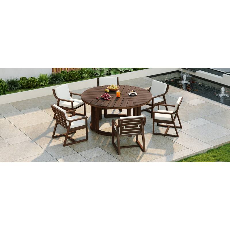 Round Patio Dining Table Set for 6 with Umbrella Hole Durable Acacia Wood Outdoor Furniture