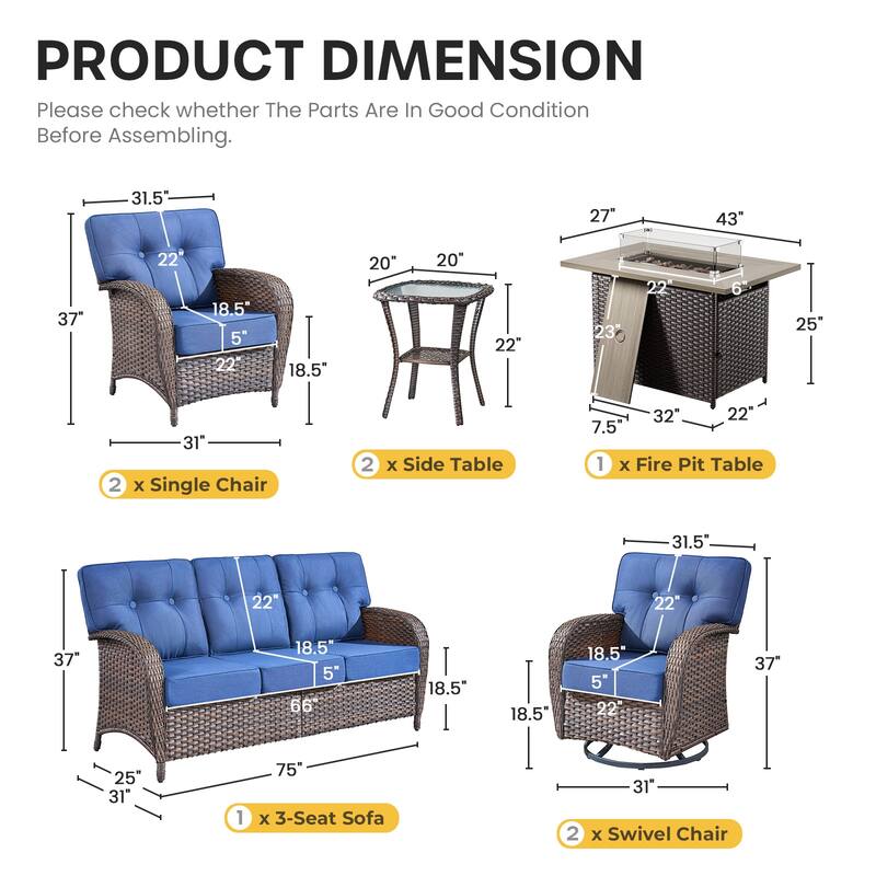 Gymojoy Outdoor Wicker Patio Furniture Sofa Set with 55,000 BTU Fire Pit Table, Swivel Chairs & Thick Cushions