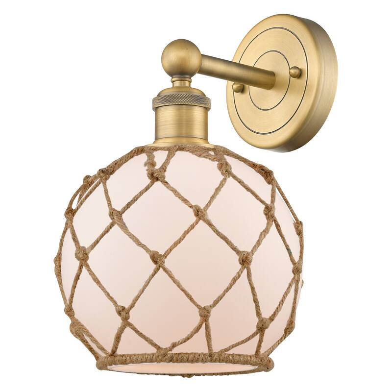 Innovations Lighting 616-1W-13-8 Farmhouse Rope Sconce Farmhouse Rope - Brushed Brass / White Glass with Brown Rope