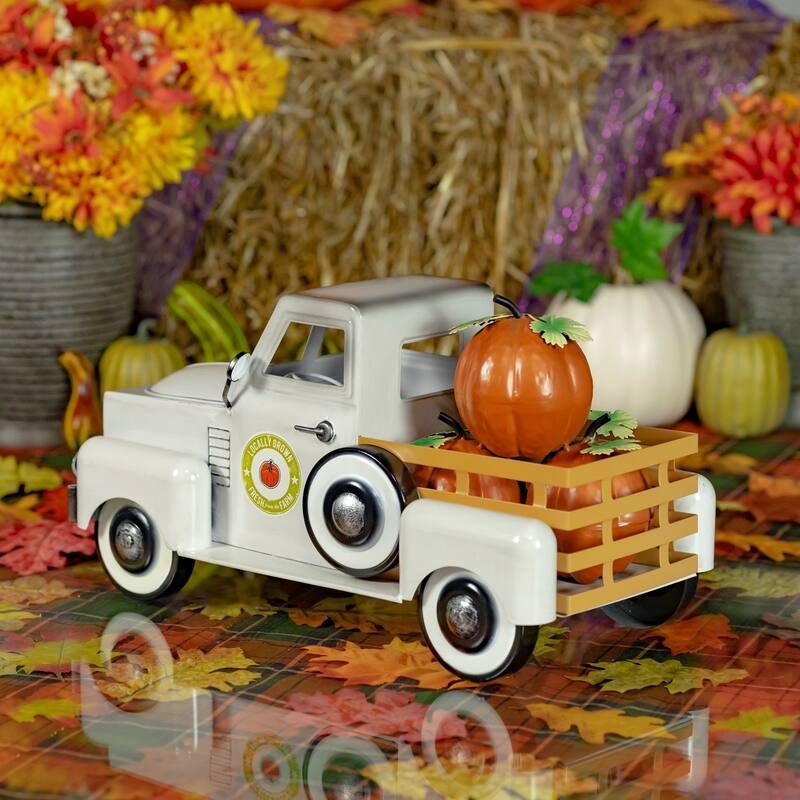 Country Style Metal Truck with Pumpkins in Antique White - 18" L x 8.6" W x 10" H