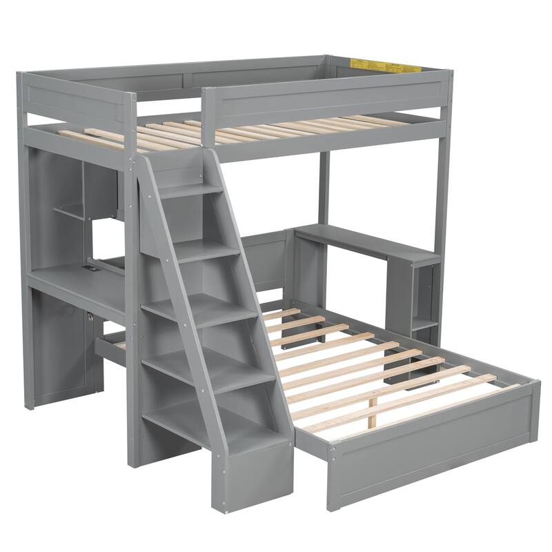 Roomfitters Twin XL Over Full Bunk Bed with Built-In Desk, USB Port and Shelves