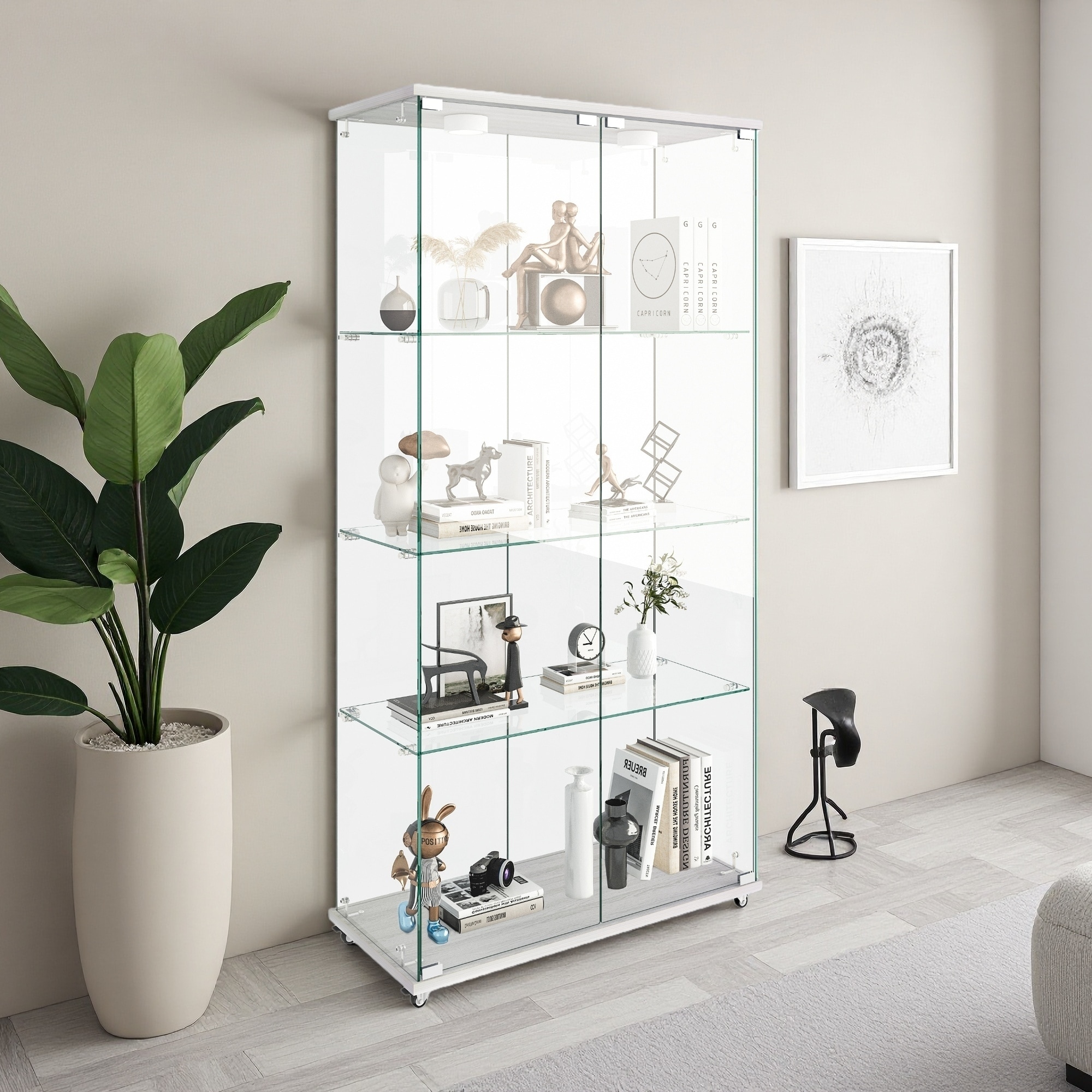 64.25"H Modern Glass Display Cabinet, 2-Door, 4 Shelves, LED, Living Room & Bedroom