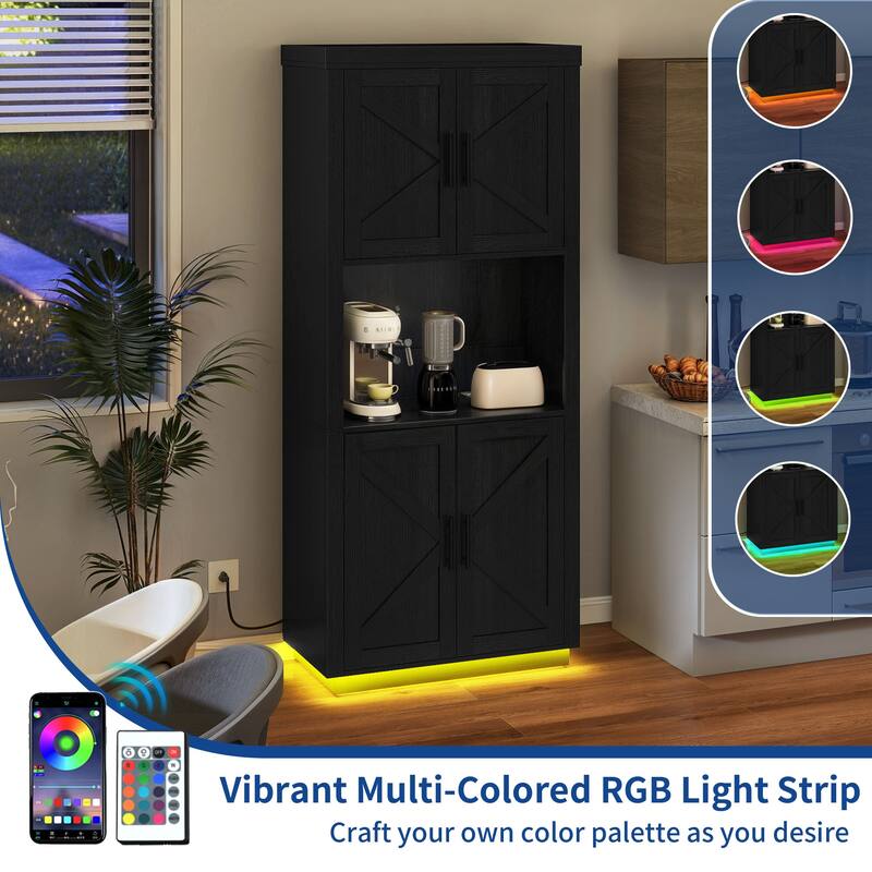 Moasis Farmhouse 71" Tall Kitchen Pantry Cabinet with Lights & Charging Station