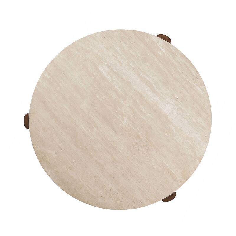 Travertine Stone and Wood Round End Table in Dark Oak