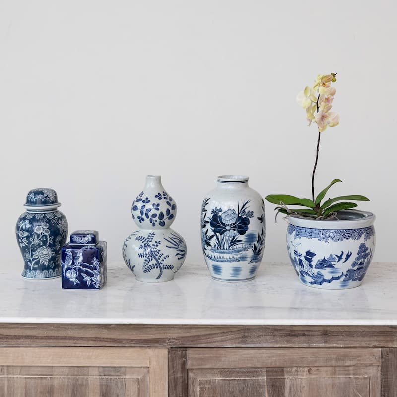 Hand-Painted Urn Shaped Stoneware Vase with Wide Opening