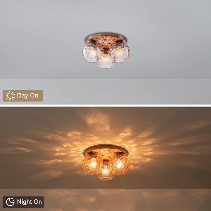 3-Light Rustic Wood Flush Mount Ceiling Light with Textured Amber Glass Shades - Dia.16.54-in