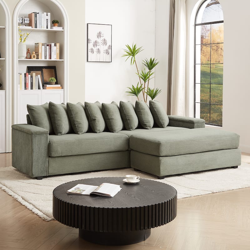 L-shaped Sectional Sofa with Chaise Corduroy Upholstered Couch with Reversible Ottoman, 2 Storage Armrests and 8 Pillows