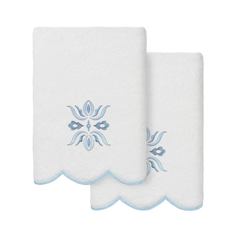 Authentic Hotel and Spa 100% Turkish Cotton FLOWER CREST Scallop Towel Collection - White/Blue - 2 Hand Towels