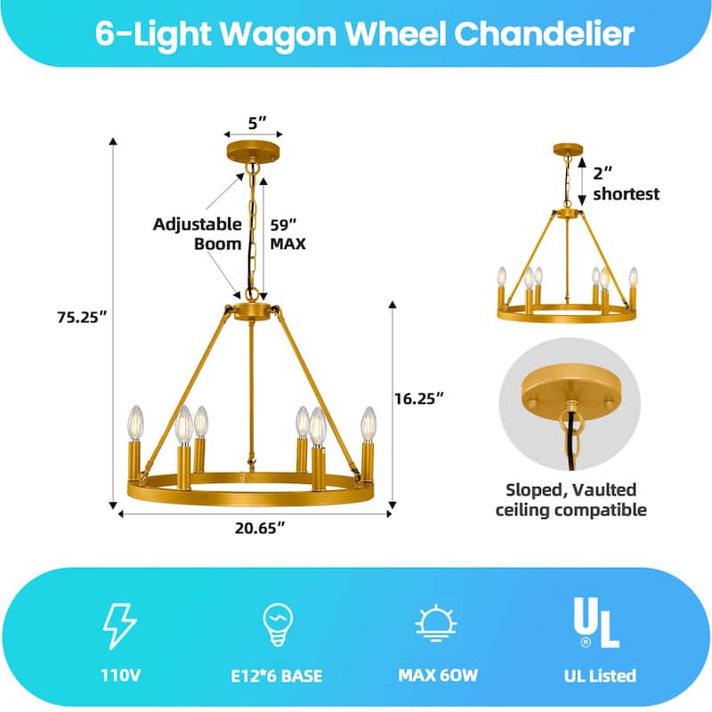 Black Farmhouse Chandelier, 6-Light Wagon Wheel Chandelier with Adjustable Height