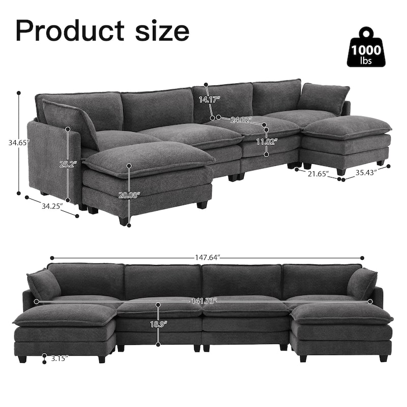 CLICKBIN Chenille Fabric Stragiht Arm L-Shaped Modular Sectional Sofa Couch with Ottoman for Living Room
