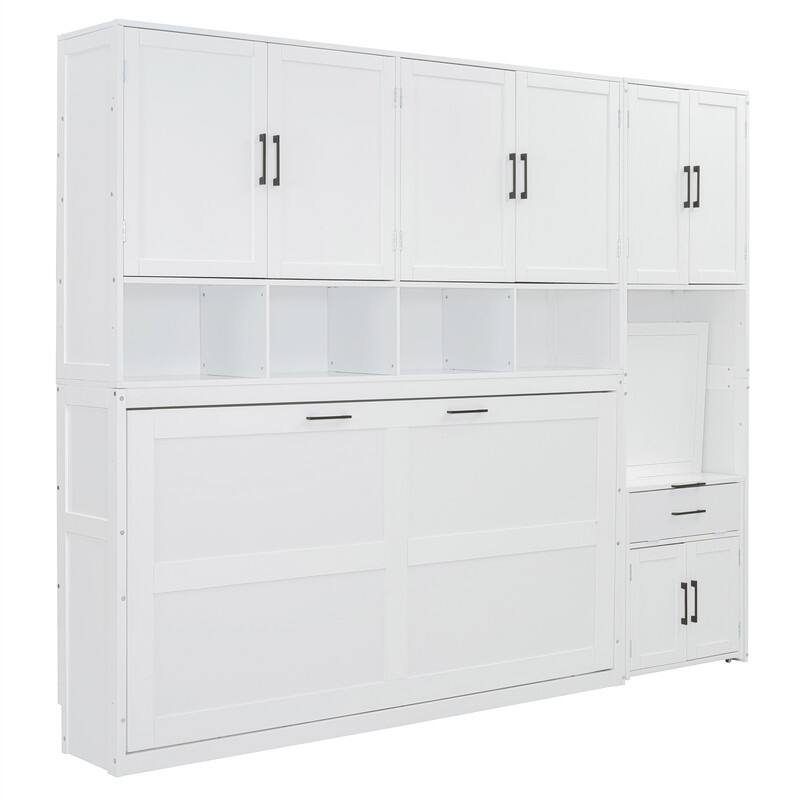 Twin Size Murphy Bed with Closet, Desk and Storage Shelves, Space Saving Design Murphy Bed Cabinet with Open Storage