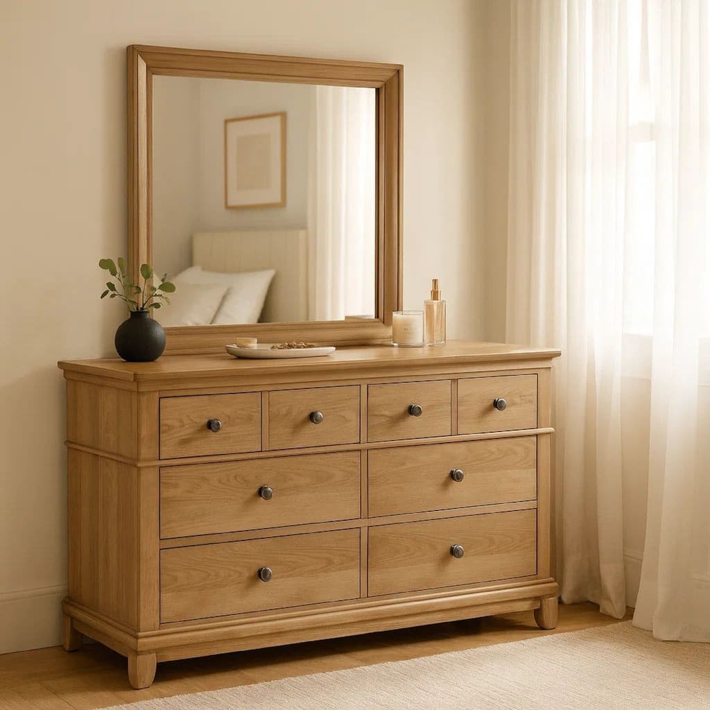 Lexa Wide Dresser, 6 Drawers, Natural Oak Brown Solid Wood, Pewter Metal