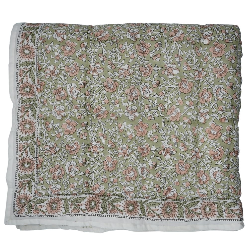 Fabdivine Vintage Hand Block Print Cotton Quilt - Bohemian Bedroom Décor, Saundrya Green Brown, Handmade Reversible Bedspread