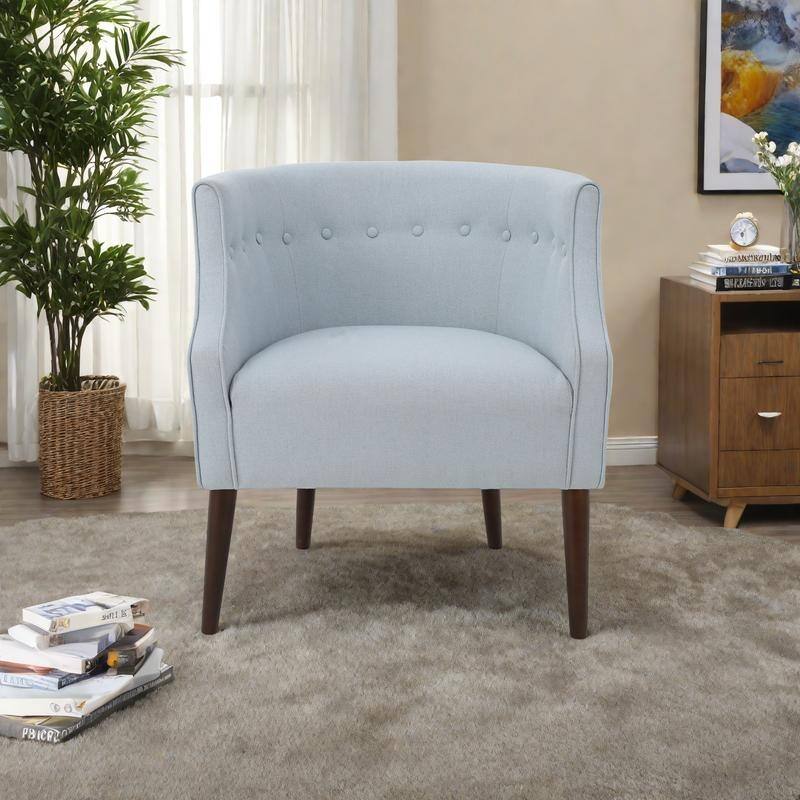 Fabric Modern Club Chair with Button-Tufted Back and Birch Wood Legs - Light Blue