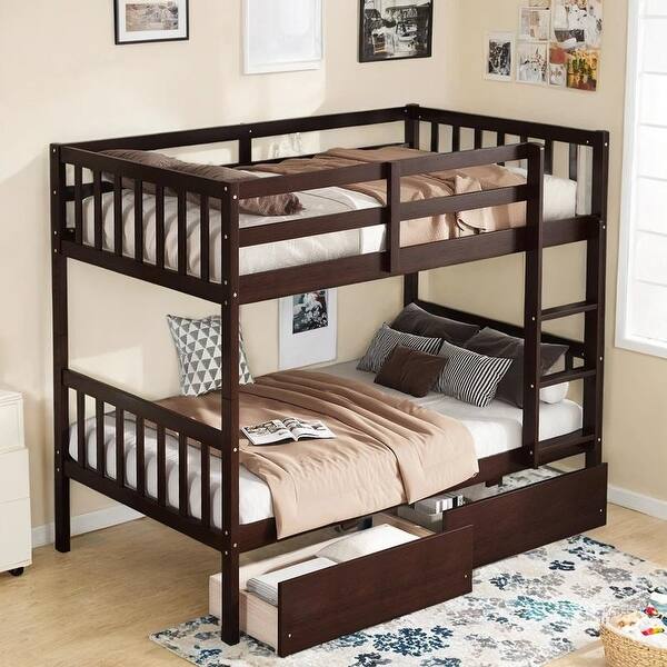 slide 2 of 12, Twin Over Twin Rubber Wood Bunk Bed with 2 Drawers, Detachable Beds Espresso