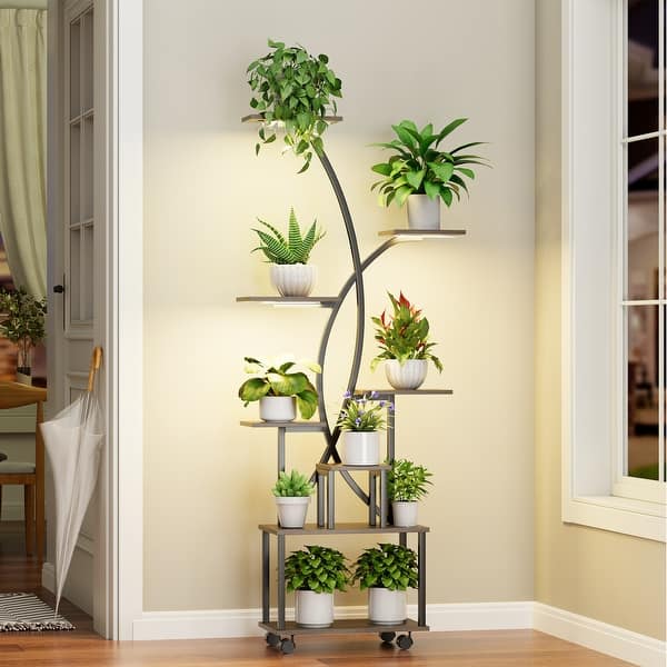 EROMMY Tall Rolling Plant Stand with Grow Lights, 8-Tier Indoor Corner Metal Plant Shelf with Wheels for Small Spaces - Walnut
