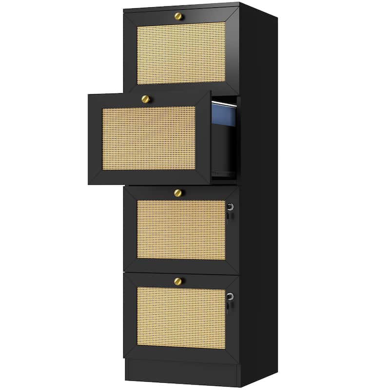 Moasis 15-inch Deep 4 Drawers Rattan Vertical File Cabinet with Lock - Black