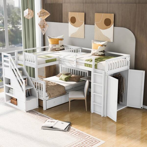 slide 2 of 20, Bunk Bed With 3 Drawers, Portable Desk and Wardrobe, White