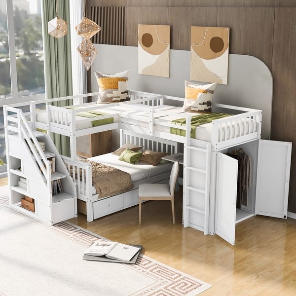 slide 2 of 26, Twin-Twin over Full L-Shaped Bunk Bed with 3 Drawers, Portable Desk and Built-in Wardrobe White