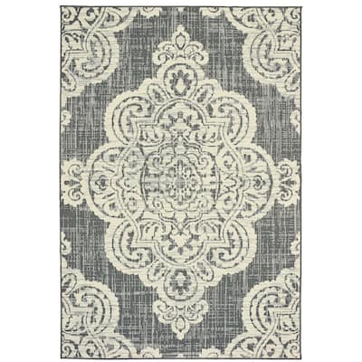 Marseille Grey Ivory Oriental Medallion Outdoor Casual Area Rug