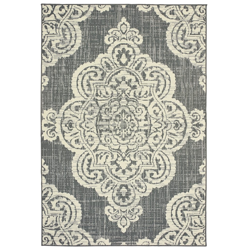 Marseille Grey Ivory Oriental Medallion Outdoor Casual Area Rug