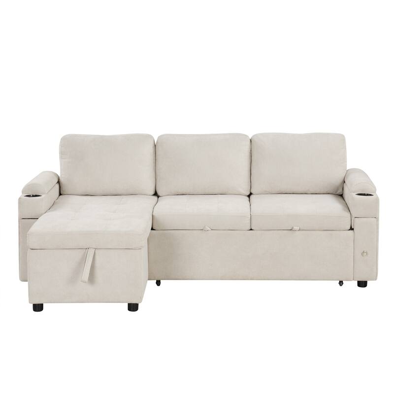 83.5" Chenille L-Shaped Sectional Sofa with Convertible Sofa Bed, Storage Chaise, Cup Holders & USB Ports