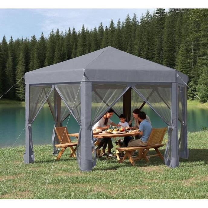 Hexagonal Pop Up Gazebo Tent with Mesh Walls, Adjustable Height, Steel Frame for Outdoor Camping & Events