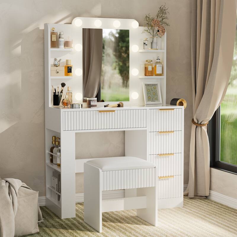 Transparent Tabletop Makeup Vanity Table / 2-Piece Vanity Desk and Stool Set with Charging Station