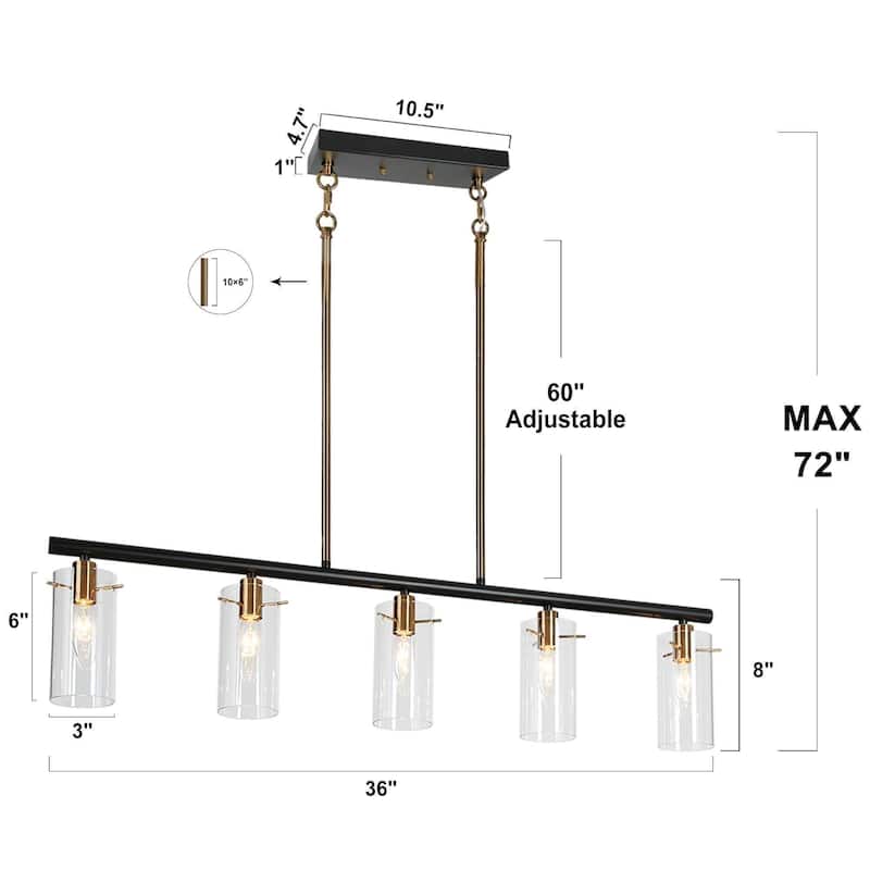 Alva Modern 5-Light Black Gold Chandelier Glass Linear Island Lights for Dining Room - 36" L x 3" W x 8" H