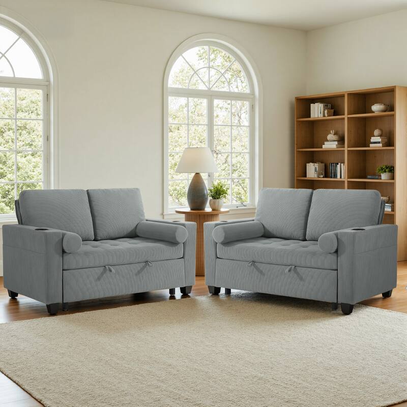 2 Set Corduroy Convertible Sleeper Sofa Bed Loveseats with Cup Holder, USB Ports
