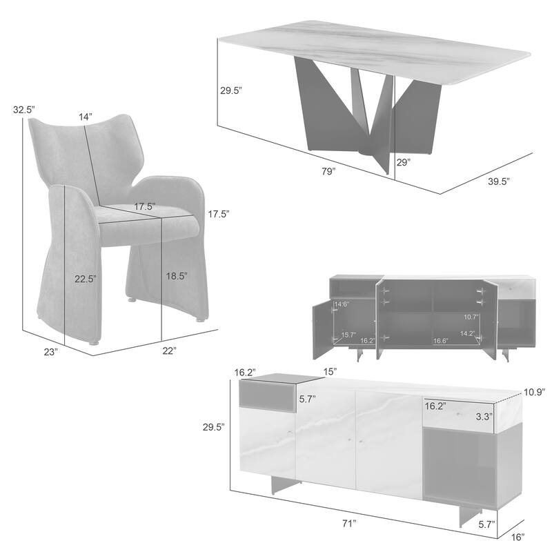 Olivia Modern 8-Piece Dining Set with Tempered Glass Table, Upholstered Armchairs, and 3-Door Sideboard