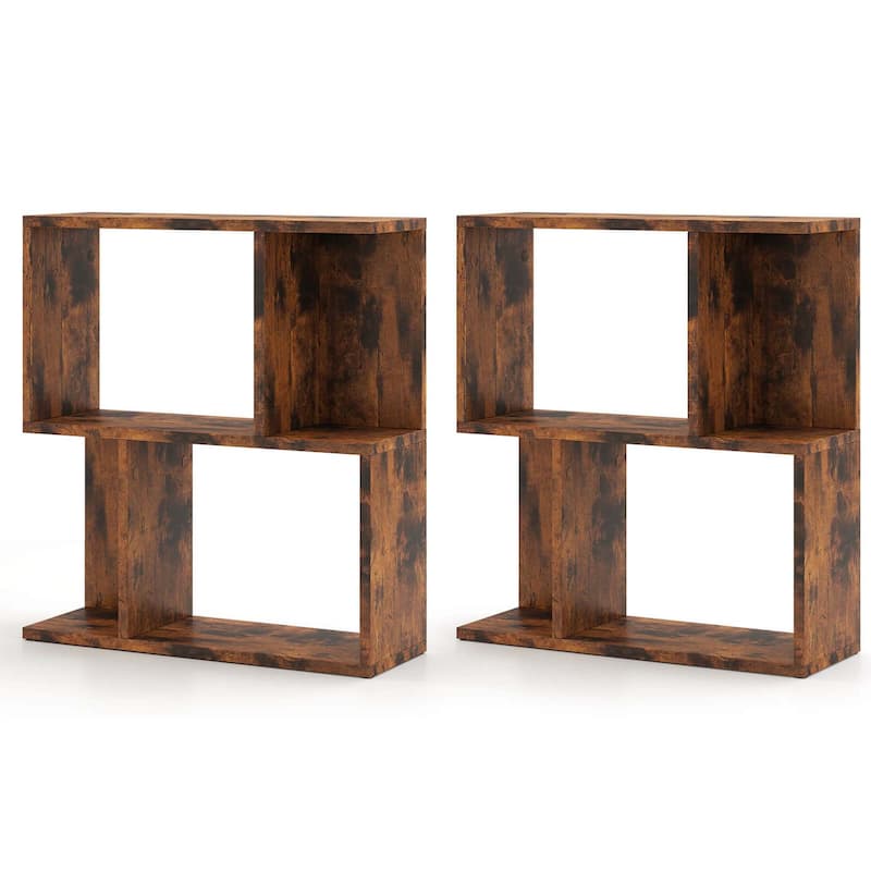 2 PCS Bookshelf 3-Tier Display Shelf Geometric Bookcase - Brown