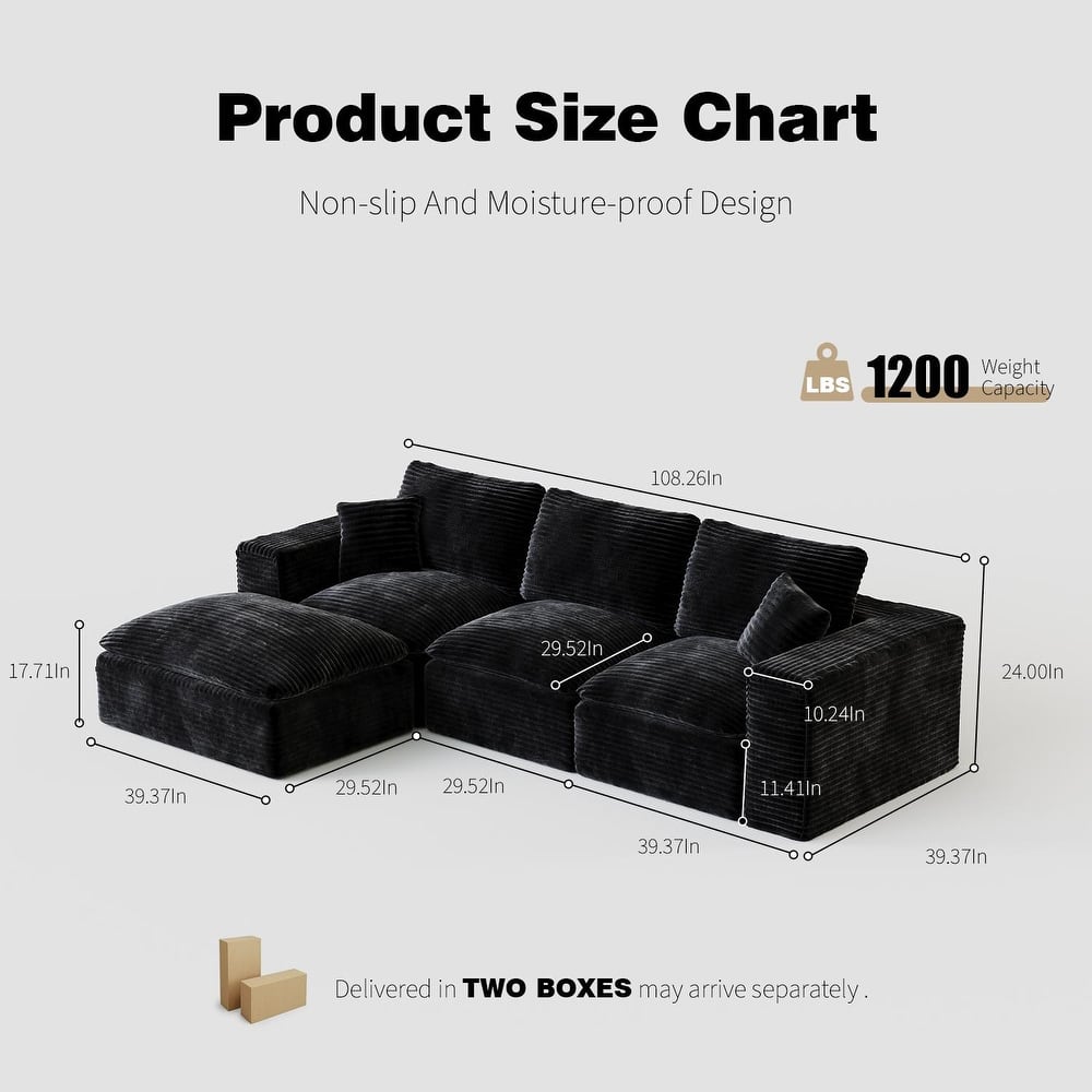 L-Shaped Cloud Sectional Sofa with Chaise Lounge, Corduroy Upholstered 3 Seater Sofa, Modular Corner Sofa with Deep Seat
